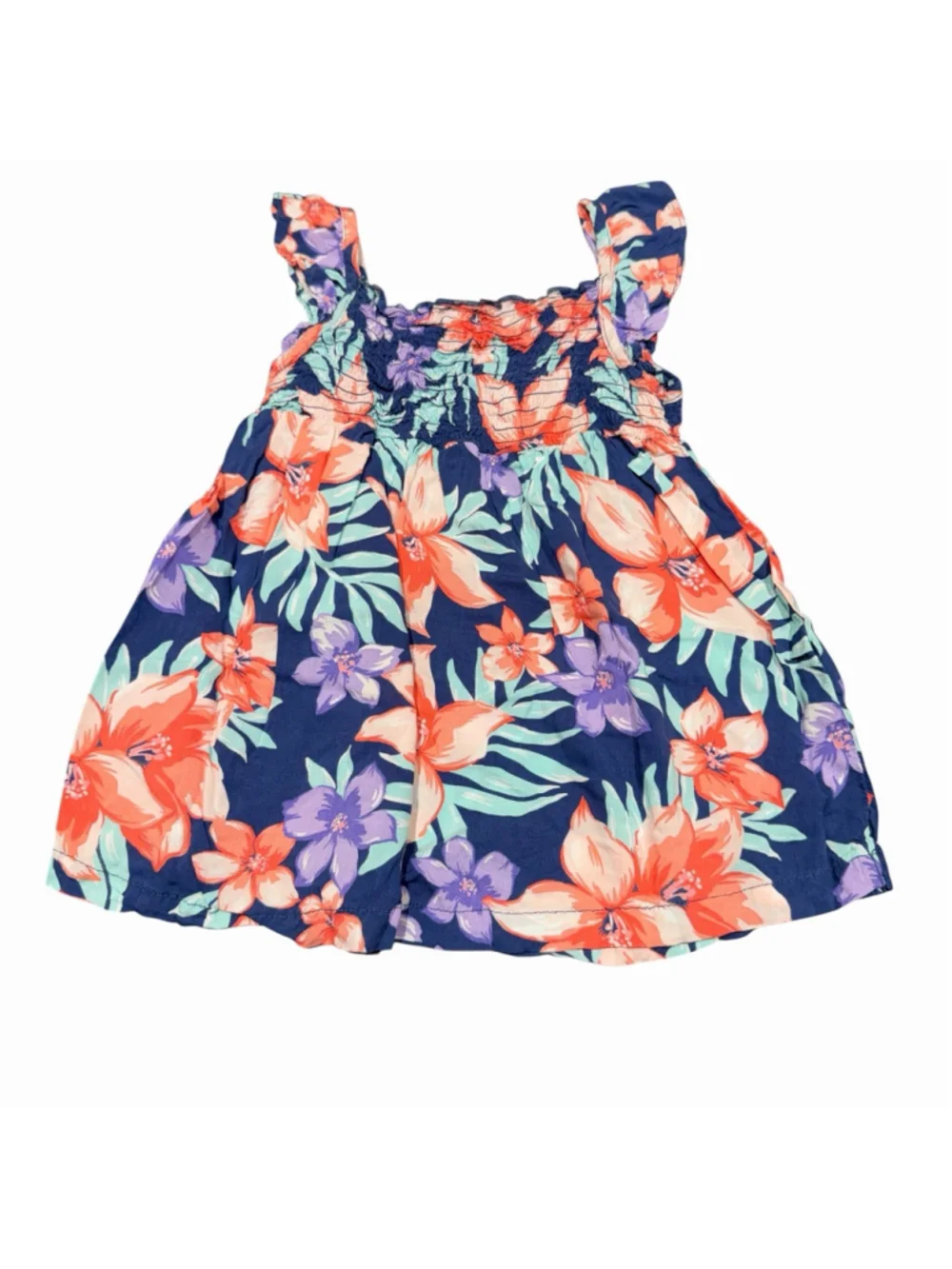Carter’s Girls Tropical Floral Smocked Sleeveless Blouse Top Navy Blue Pink Sz 6